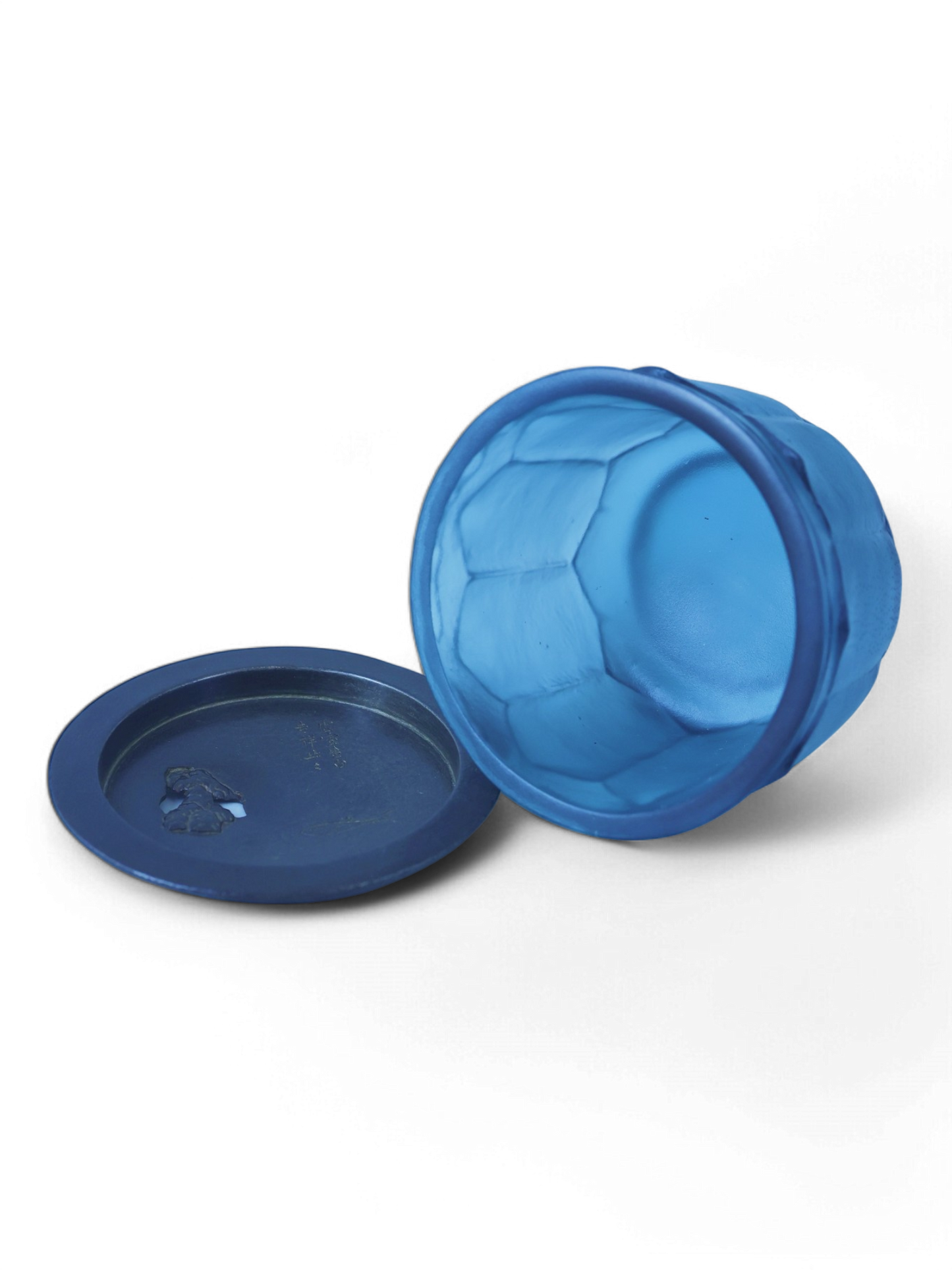 Ancient Elegance: Sea Blue Lotus Glass Bowl with Pewter Lid